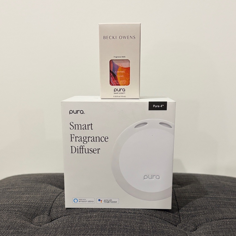 Pura Smart Fragrance Diffuser with Becki Owens Caramel Clove Refill - White